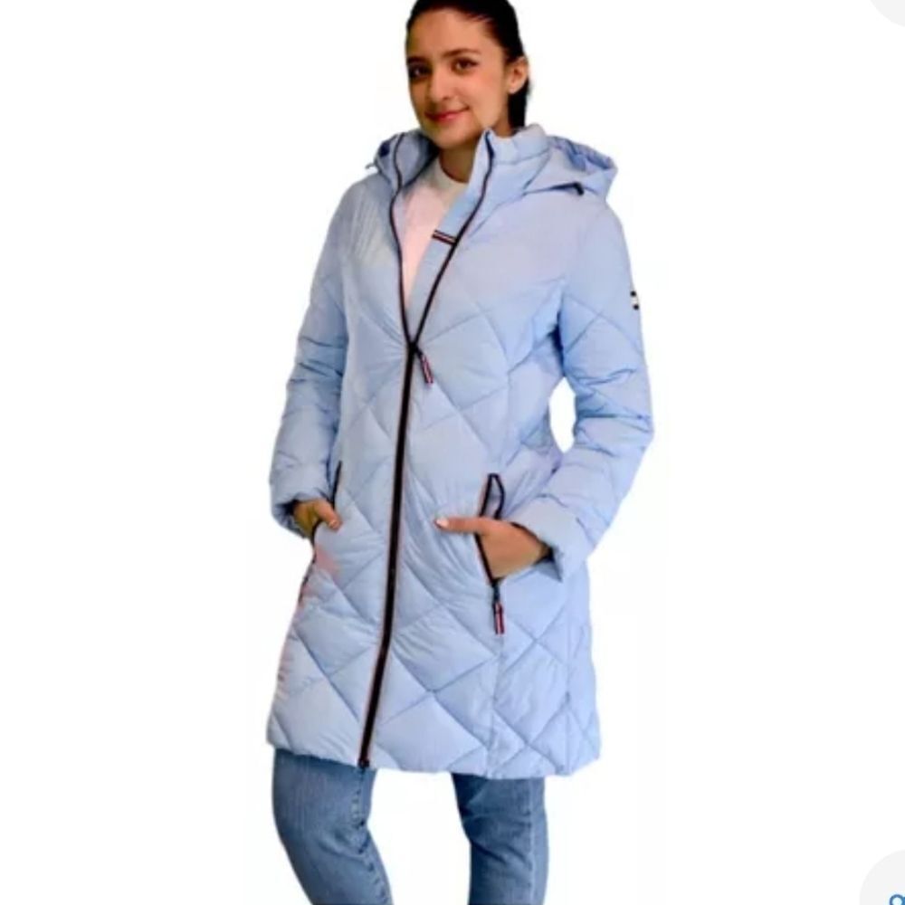 TOMMY HILFIGER Light Blue Quilted Puffer Hooded Jacket Womens Large - Picture 2 of 13